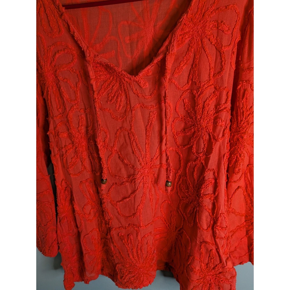Lulu-B Coral Orange Floral Embroidered Cotton Tunic Top Boho V-Neck Medium - Picture 2 of 5